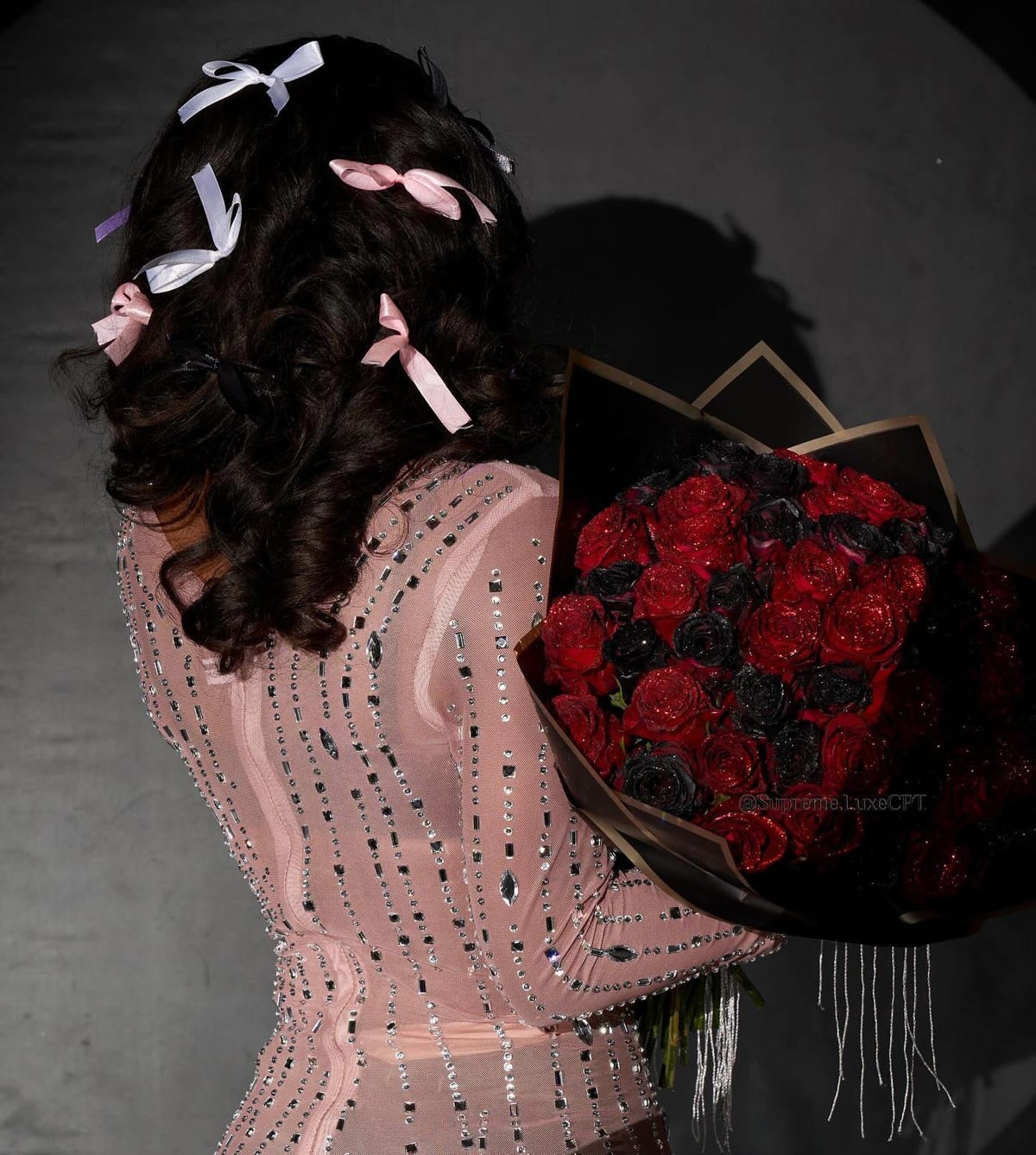 The Obsession — thirty red and black glitter roses in couture black wrap